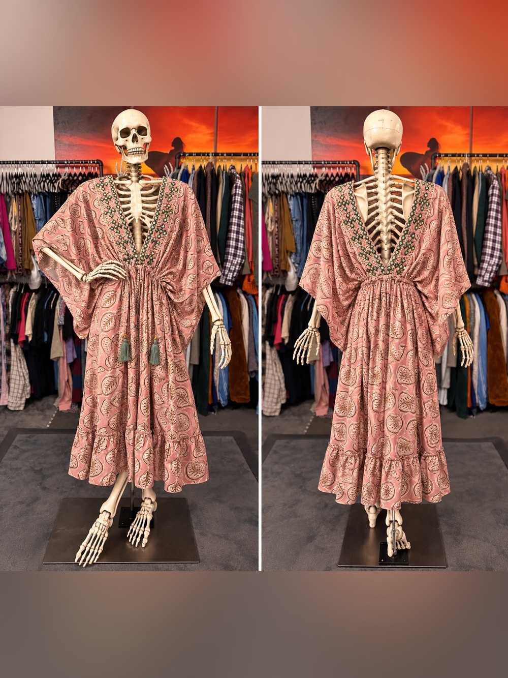 Boho Maxi Dress with Embroidered V-Neck in Dusty Pink
